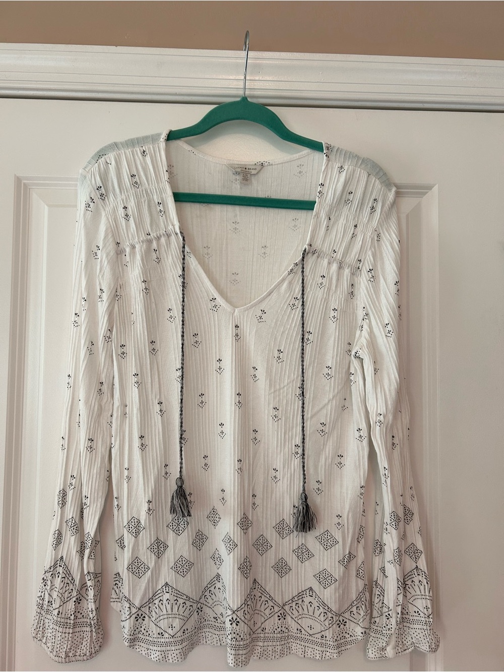 Lucky Brand White Boho Peasant Blouse with Black Print